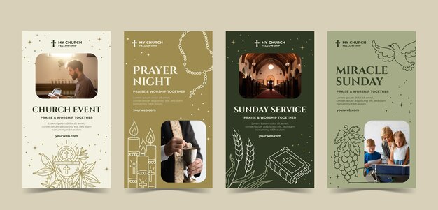 Vector flat design christian church instagram stories set