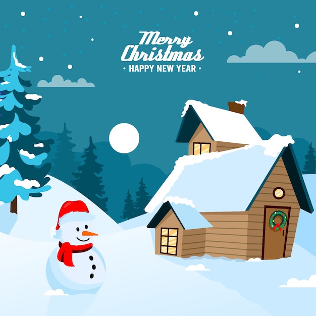 Flat design christmas background with snowman