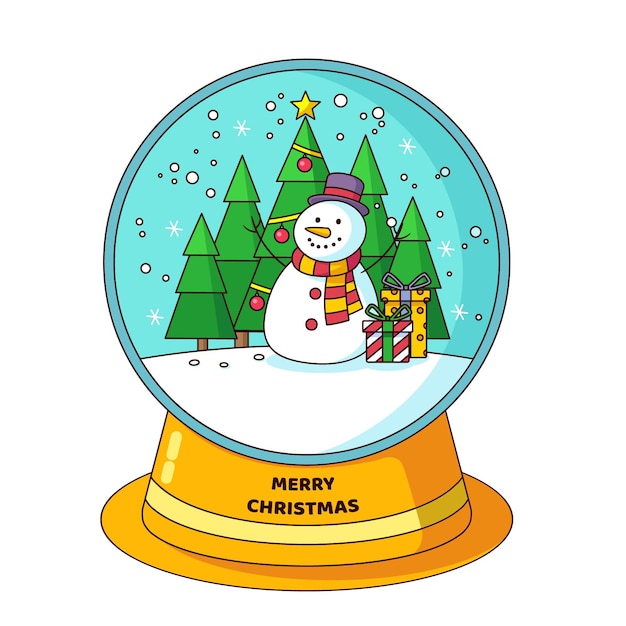 Flat design christmas snowball globe with snowman and christmas tree