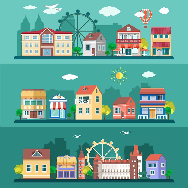 Flat design city landscapes set. illustration