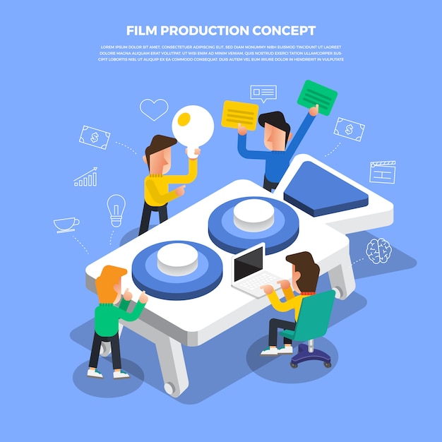 Flat design concept brainstorm working on desktop icon Film Production. illustrate.