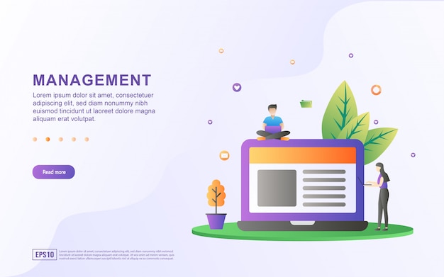 Flat design concept of Management. People manage company data. Manage time, analyze and solve problems.