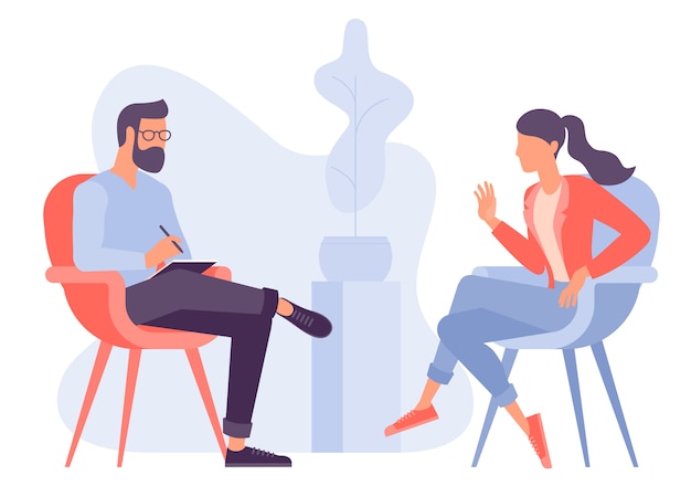 Flat design   concept for psychotherapy session. Patient with psychologist, psychotherapist office. Psychiatrist session in mental health clinic.