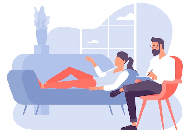 Flat design   concept for psychotherapy session. Patient with psychologist, psychotherapist office. Psychiatrist session in mental health clinic.