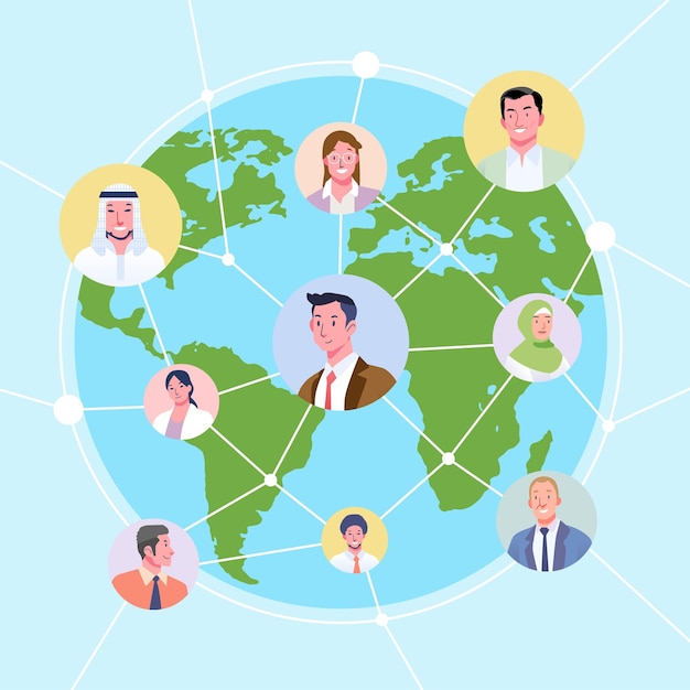 Flat design concept social network Peoples connecting around the world with line and avatar icon