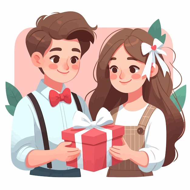 a flat design of a couple giving a gift love and heart