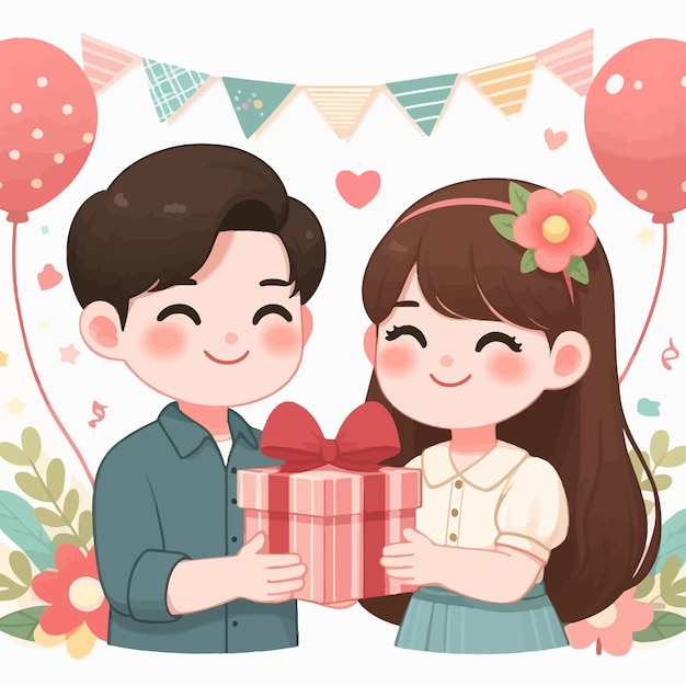 a flat design of a couple giving a gift love and heart