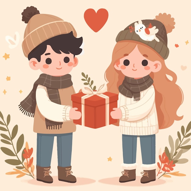 a flat design of a couple giving a gift love and heart