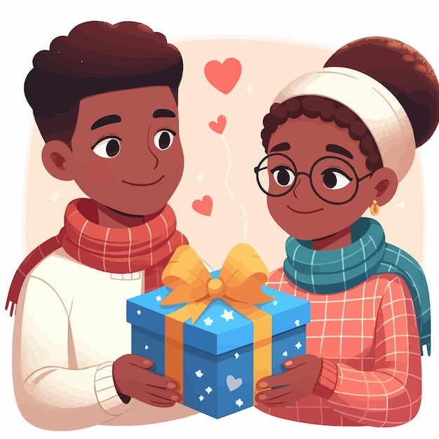 a flat design of a couple giving a gift love and heart