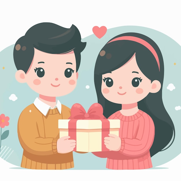 a flat design of a couple giving a gift love and heart