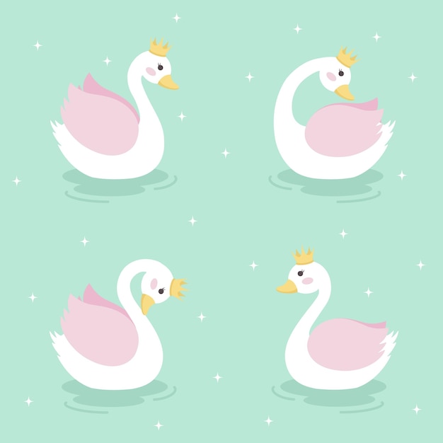 Flat design cute princess swan set