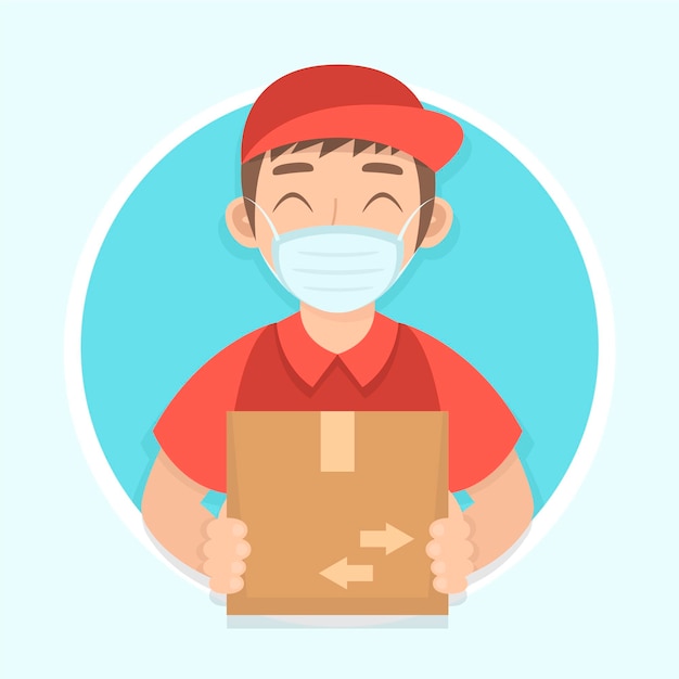 Flat design delivery man with mask