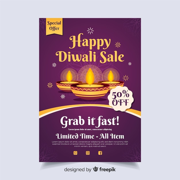 Flat design diwali sale flyer template