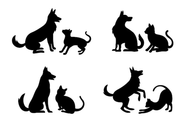 Flat design dog and cat silhouette set