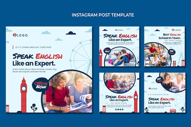 Flat design english lessons instagram post