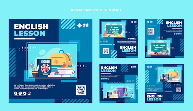 Flat design english lessons instagram posts