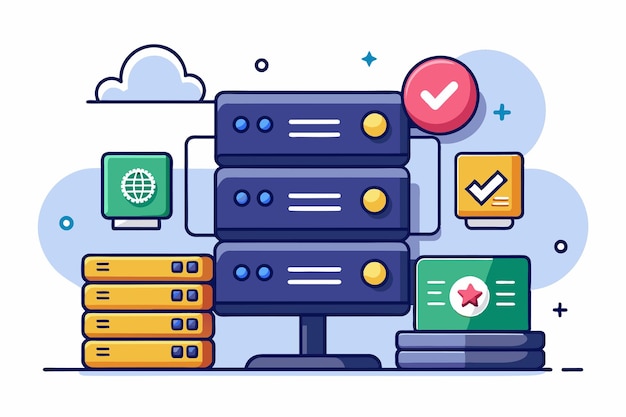 Vector the flat design features multiple servers with customizable status indicators and various icons server status customizable flat illustration