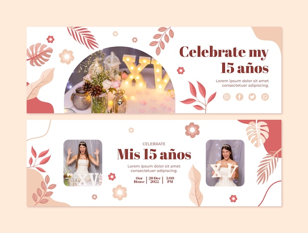 Flat design floral quinceañera horizontal banners