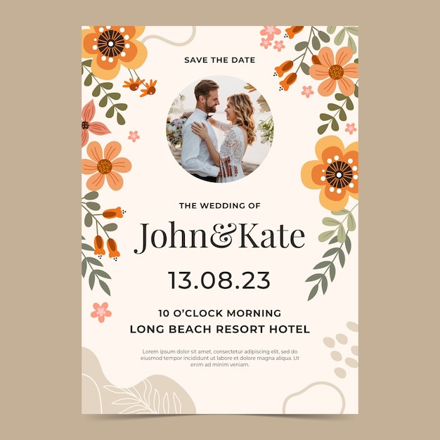 Flat design floral wedding poster template