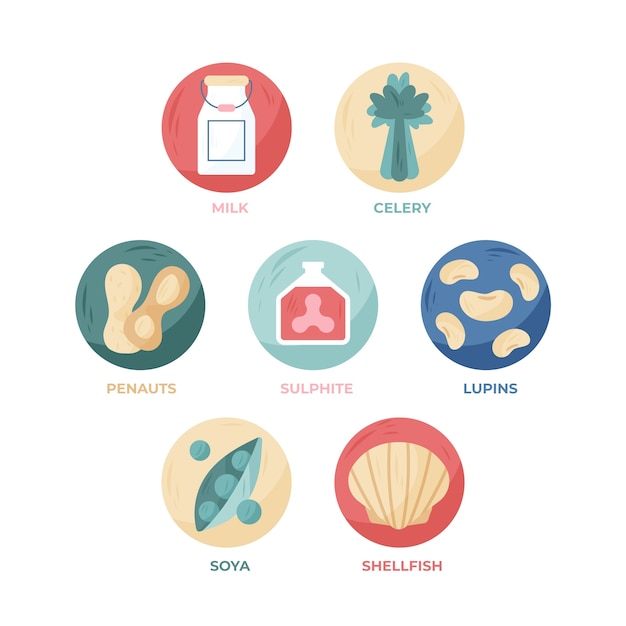 Vector flat design food allergy label set