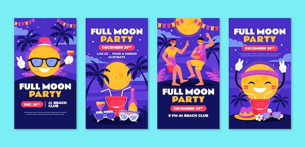 Vector flat design full moon party  instagram stories