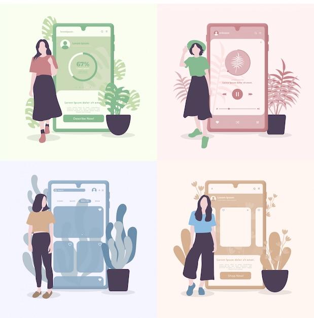 Flat Design of Girls with Phone User Interface