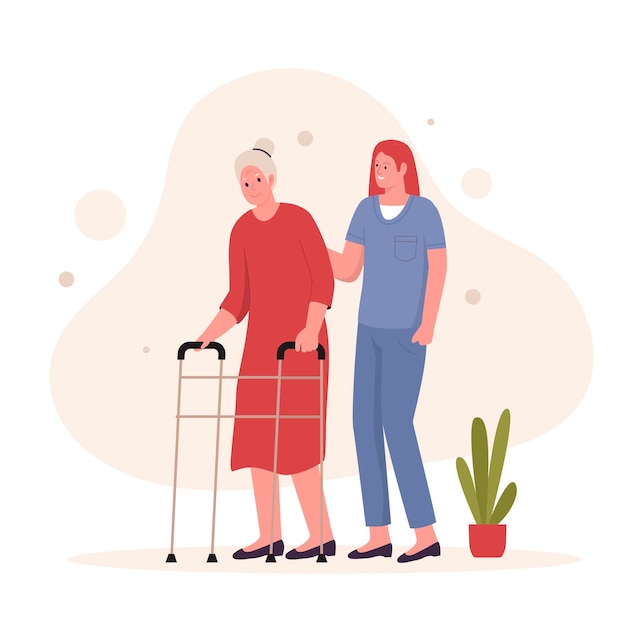 Vector flat design of grandma walk with caregiver