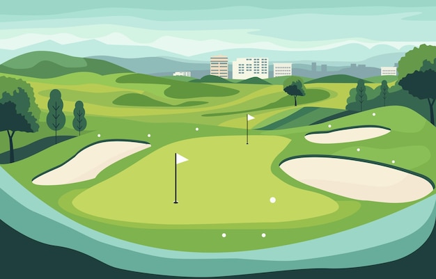 Flat Design of Green Golf Field Course with Cityscape in Bright Day