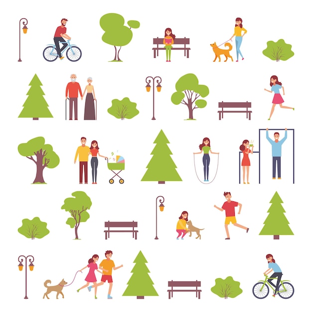 Flat design of group people outdoor in the park on weekend.