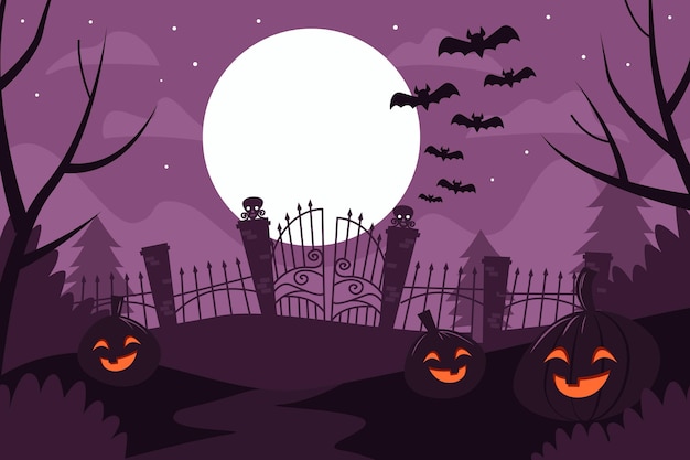 Flat design halloween background with pumpkins and bats