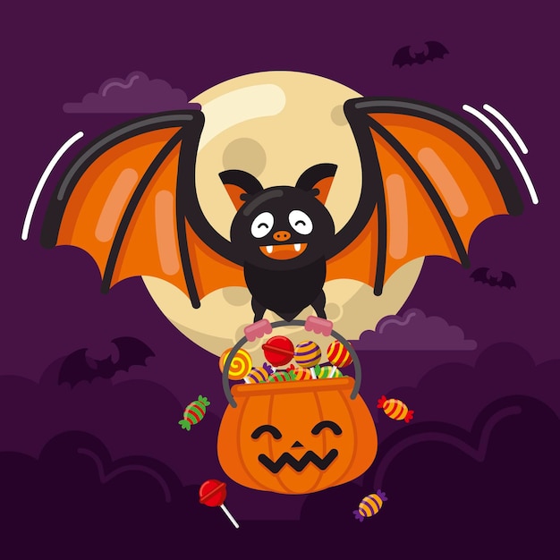 Flat design halloween bat holding candy bag