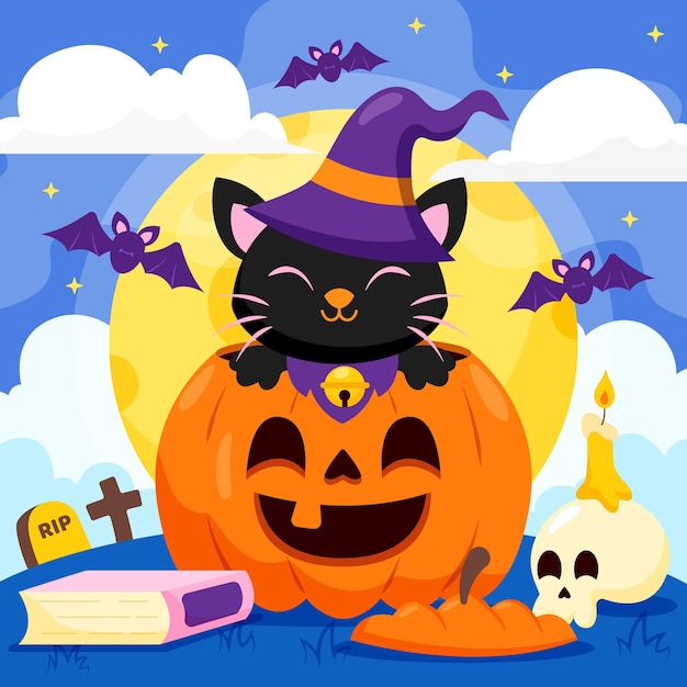 Flat design halloween cat