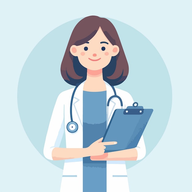 flat design of a happy female doctor standing with a clipboard