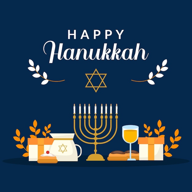 Flat design happy hanukkah with cake drink and gift box