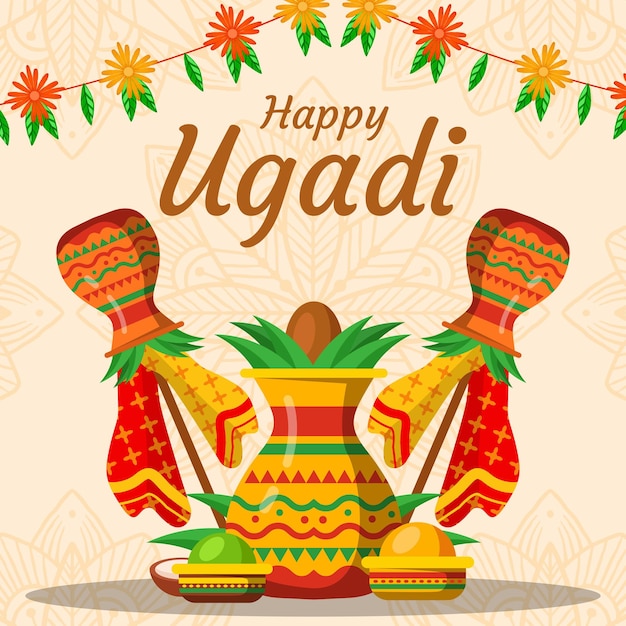 Flat design happy ugadi with garland illustration