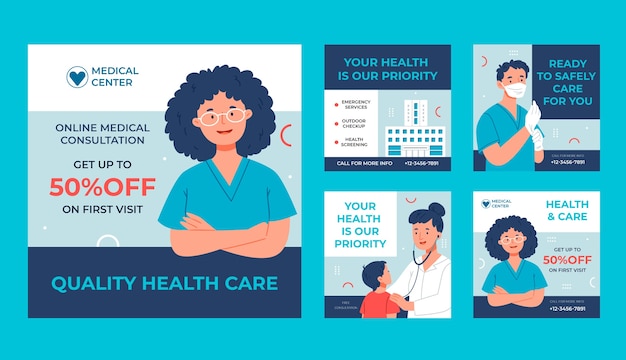 Flat design healthcare system instagram posts