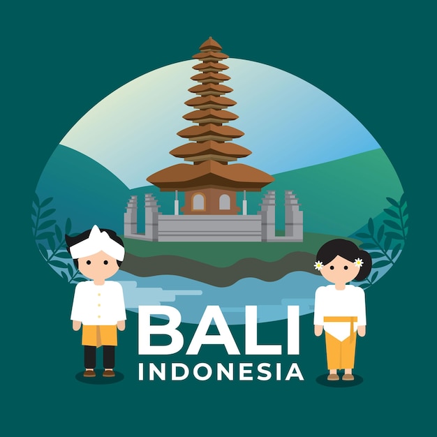 flat design illustration of Bali Indonesia with Balinese people