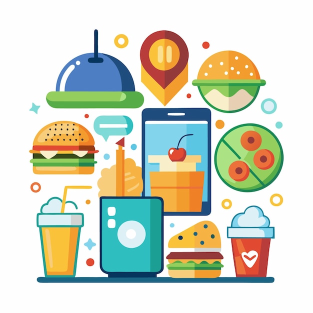 Flat design illustration of a burger fries and drink on a blue and white background