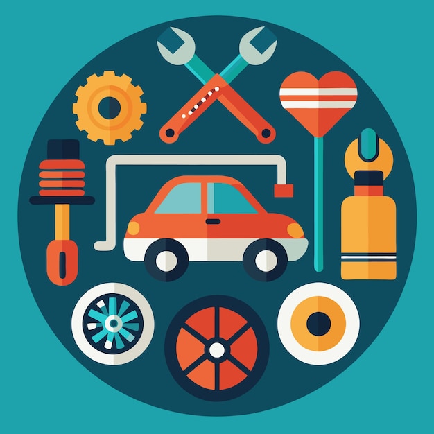 Flat design illustration of a car with various car part icons