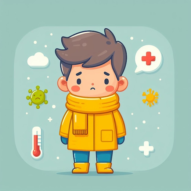 Flat design illustration of a child having a fever and flu wearing warm clothes