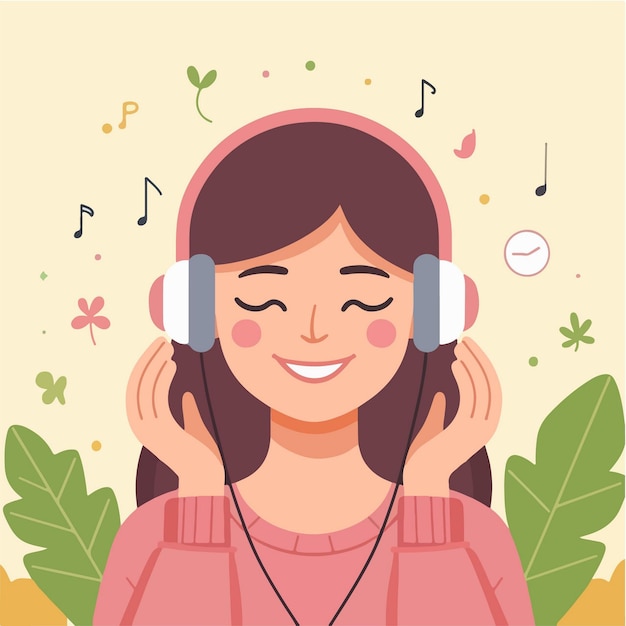 Vector flat design illustration concept of a woman enjoying listening to music with headphone