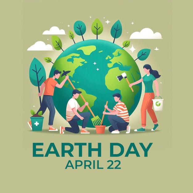 flat design illustration earth day poster with people caring for earth globe and caring for plants