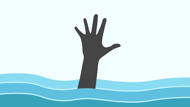 Vector flat design illustration hand reach up from blue water man drown sea drarn swimming pool accident