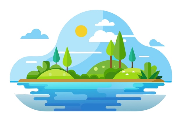 Vector flat design illustration of an island with trees and a lake