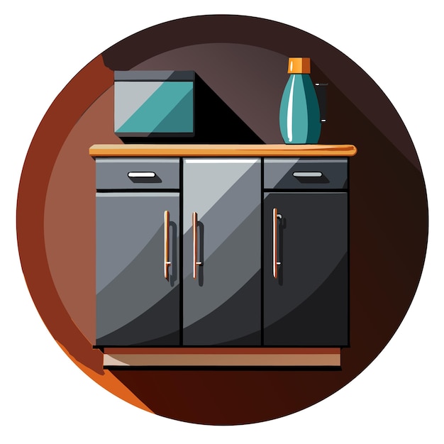 A flat design illustration of a kitchen cabinet with a microwave and water bottle on top