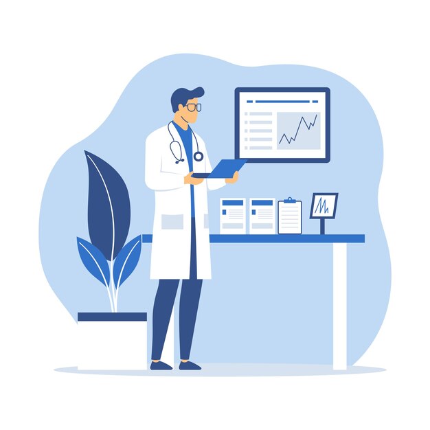 Vector flat design illustration of male doctor analyzing data with infographic on screen