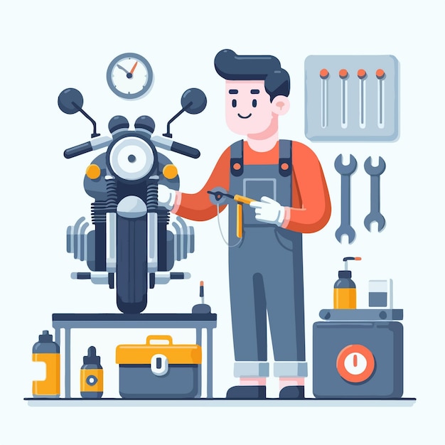 flat design illustration of a man repairing a motorcycle