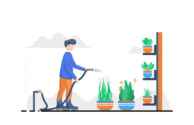 flat design illustration man watering plants with water