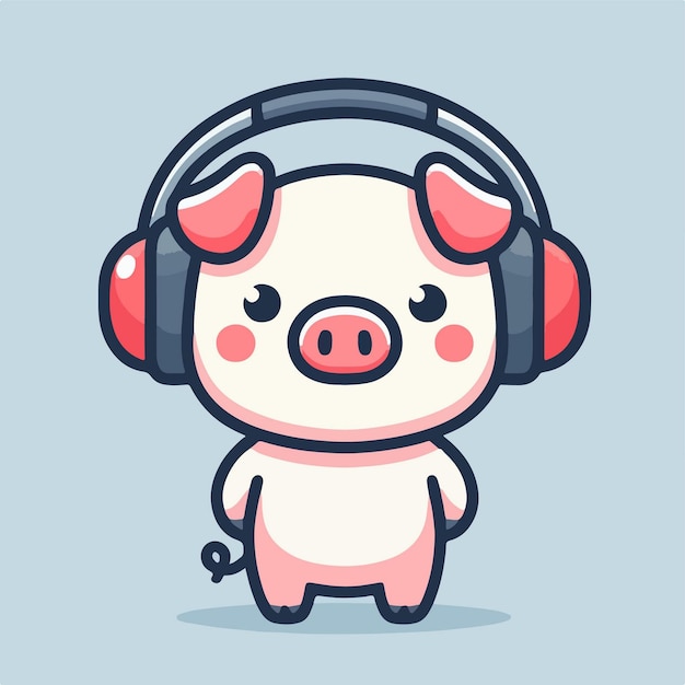 Flat design illustration of a pig wearing headphone enjoying music in animaltech concept