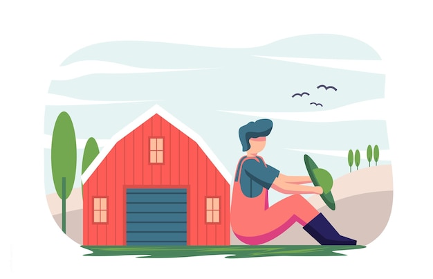 Flat design illustration of red shirt farmer and garden rural plant